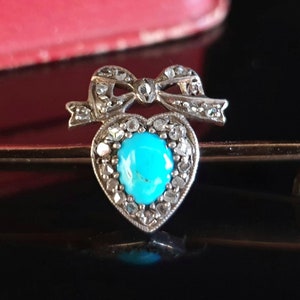 Victorian Heart Brooch with Turquoise and Diamond in Silver and Gold