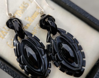 Victorian Faceted Whitby Jet Drop Earrings with Fine Silver Hooks