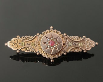 Könnte beinhalten: Eine goldene Brosche mit einem roten Edelstein in der Mitte eines Sternmusters, umgeben von Perlen. Die Brosche ist mit floralen Details verziert und hat eine strukturierte Oberfläche.