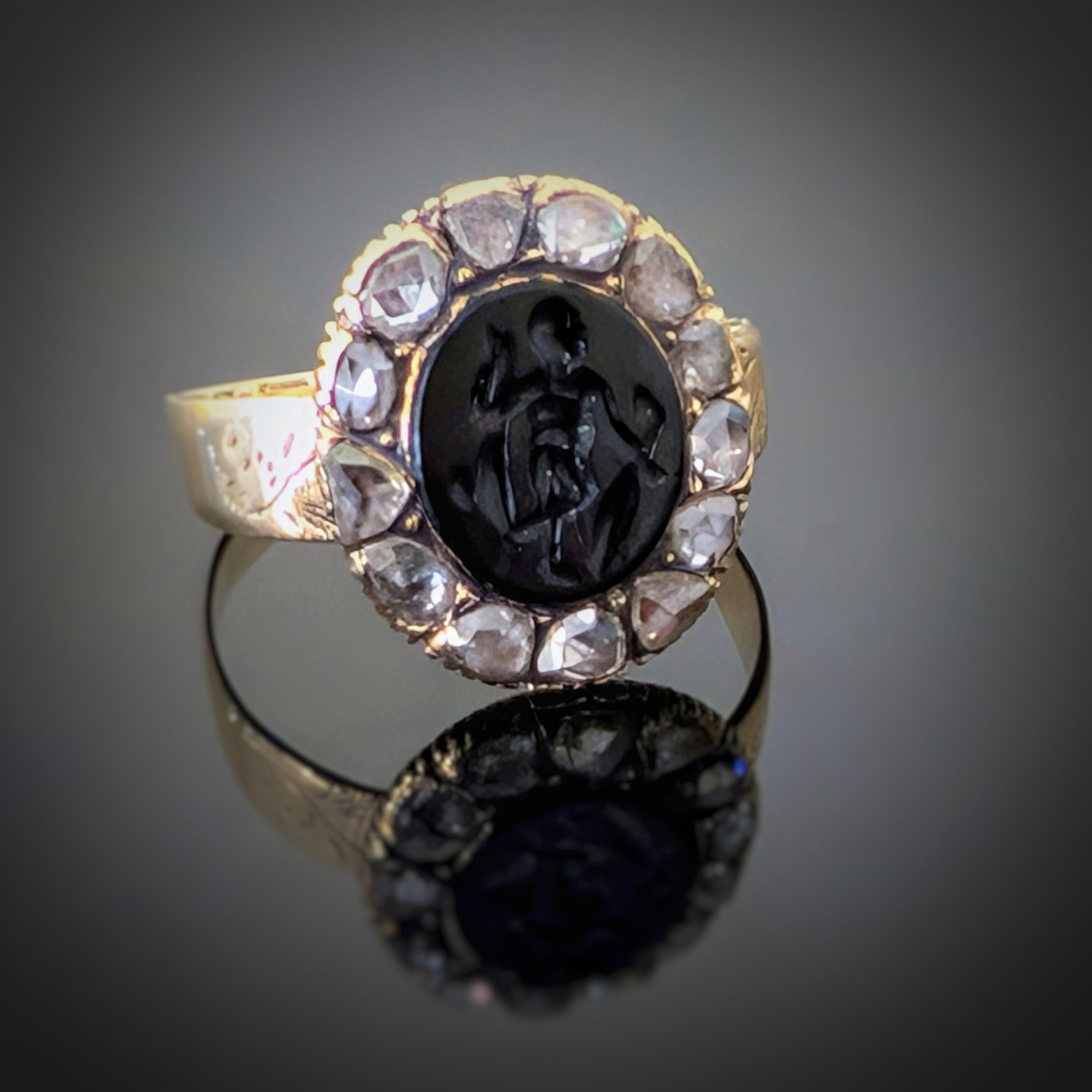 Georgian Era Onyx Intaglio And Rose Cut Diamond Cluster Ring – 15ct Gold