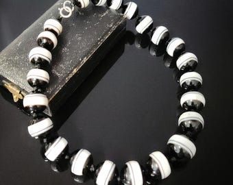 Antique Banded Agate Bead Necklace with Sterling Silver Fittings