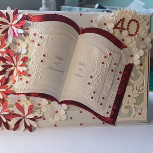 Könnte beinhalten: Eine rechteckige Jubiläumskarte mit einem zentralen, aufgeschlagenen Buchmotiv und dem Text Happy 40th Anniversary sowie Helen & Steve. Die Karte ist mit geschichteten roten und weißen Papierblumen, roten Strasssteinen und filigranen Stanzmustern verziert.