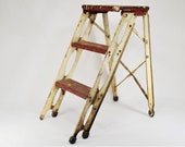 Vintage Red And White Steal Folding Ladder Or Step Stool,2 Foot Step Ladder,Rustic Plant Stand,Rustic Home Decor,