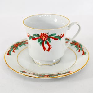 Vintage Fairfield Teacup and Saucer Set, Poinsettia and Ribbons by Fairfield Fine China,
