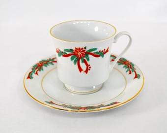 Vintage Fairfield Teacup and Saucer Set: Poinsettia Ribbons China