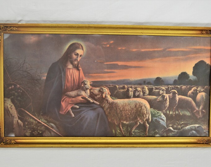Antique Religious Art, the Good Shepard Framed Jesus Lithograph Print