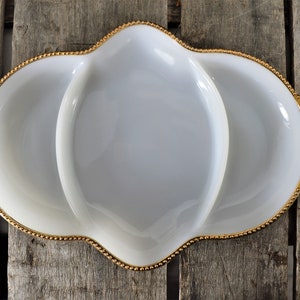 Vintage Snack Tray, Milk Glass Fire King Oven Ware, 22k Gold Beaded Trim,