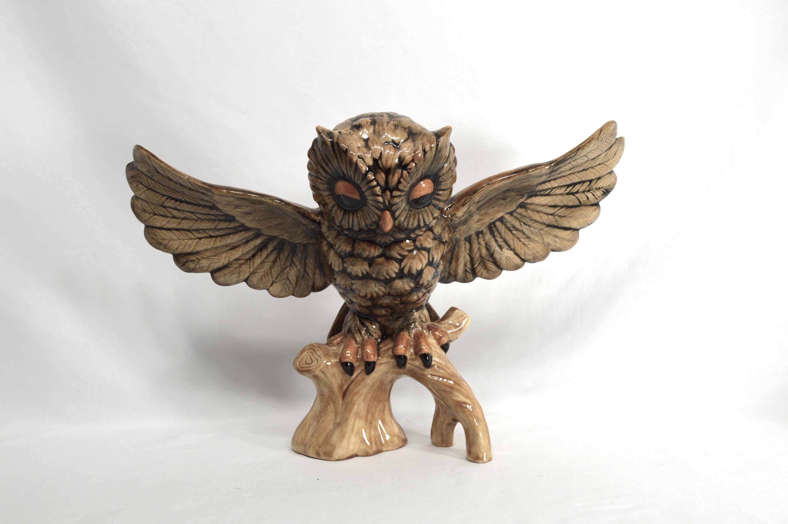 Vintage Ceramic Owl Figurine: Large Brown Landing Owl, 17 3/4" Wingspan