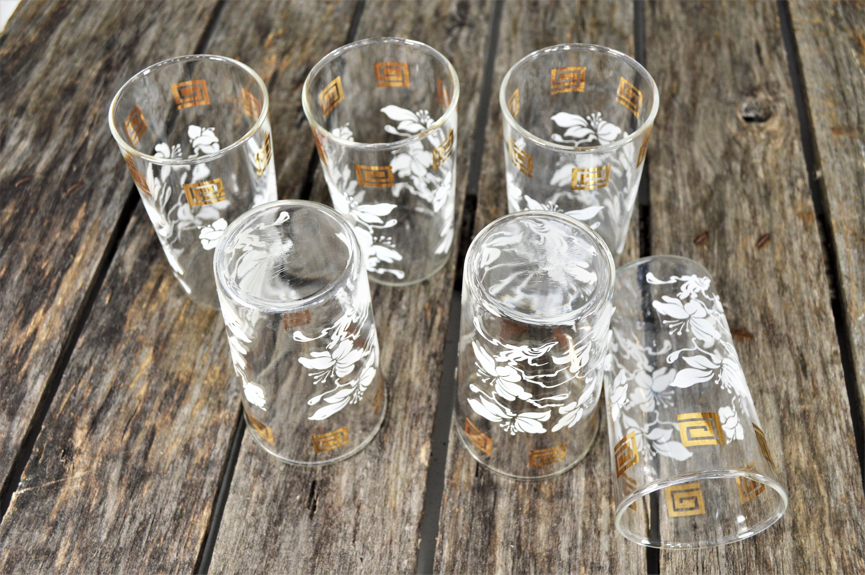 Vintage Drinking Glasses White Floral and Gold Design Etsy