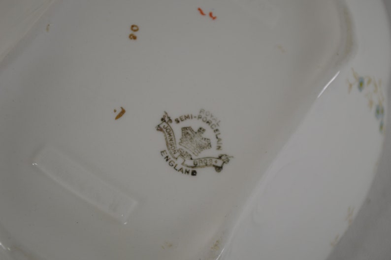Close up of the makers mark on the bottom of the dish. Semi-Porcelain, England, Johnson Bro's