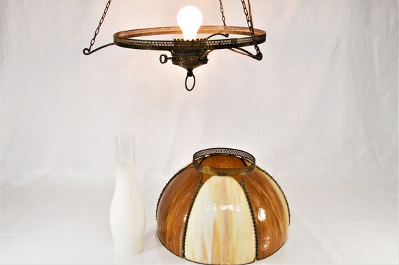 Vintage Antique Ceiling Light Victorian 6 Panel Hurricane Style Light Fixture With An On Off Key Caramel Marble Slag Glass Hanging Light