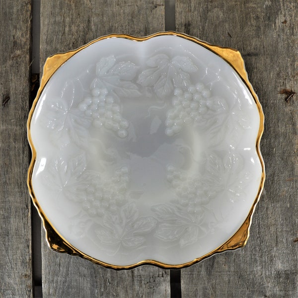 Vintage Bowl, Milk Glass with 22k Gold Trim, Snack and Fruit Server,