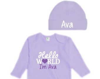 Newborn Baby Girl Sleeper Set, Hello World Pajama with beanie, Personalized Name Bodysuit, Hospital Take Home Outfit