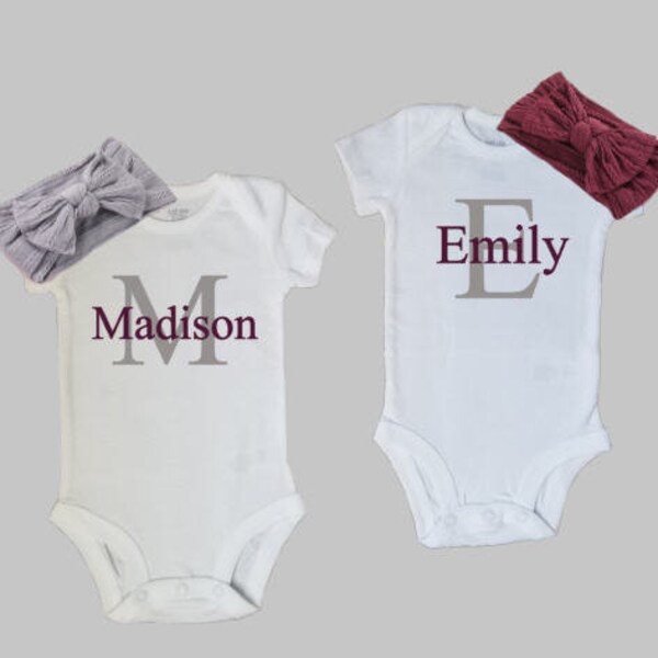 Monogram Twin Bodysuit, Personalized Twin Bodysuits, Matching Twin Set