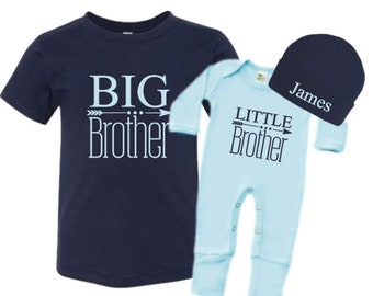 Big Brother Little Brother Shirt Set, Matching Sibling Shirts, Little Brother Romper with beanie, Take Home Outfit Brother Set