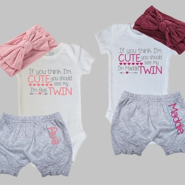 Twin Girl Personalized bodysuit, Matching twin bodysuit, Baby shower gift for twins, Twin coming home outfit