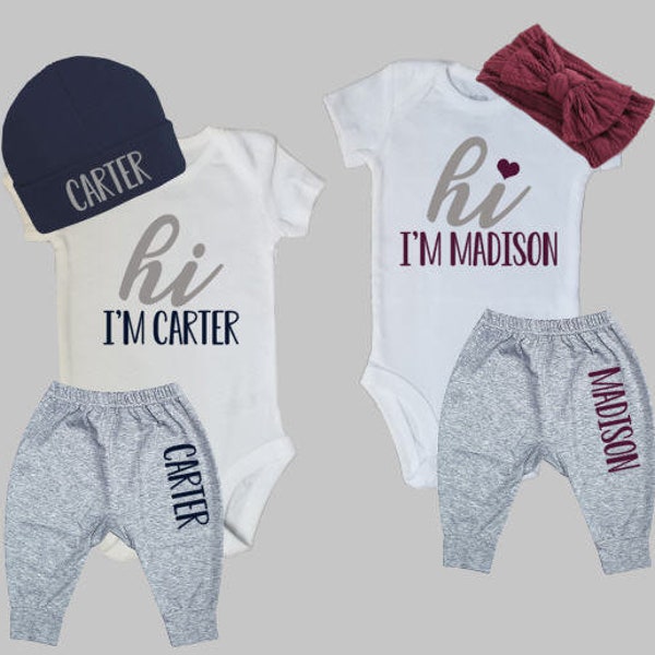 Personalized twin bodysuit, Hello I'm New Here twin bodysuits, Baby shower gift for twins, Twin coming home outfit