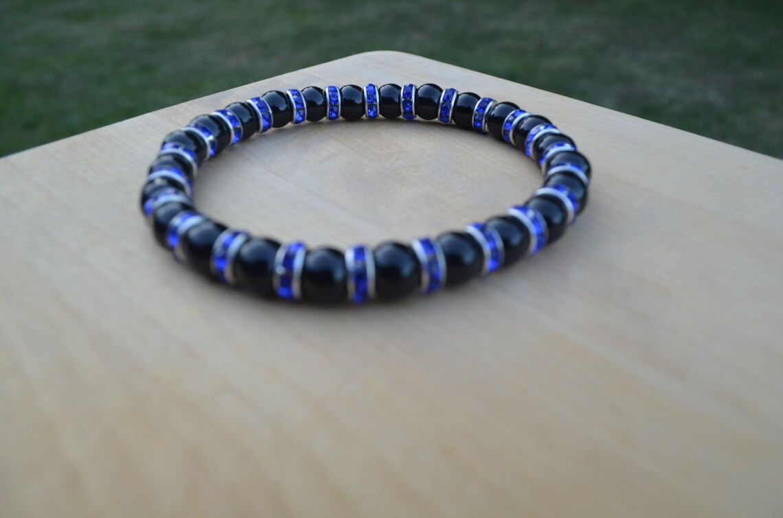 Thin Blue Line Bracelet Onyx Sapphire Rhinestone Police Wife Etsy