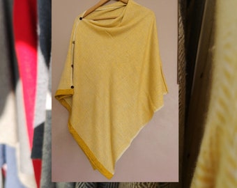 Cashmere poncho  handmade in Nepal, Woven Button cashmere Poncho on Herringbone Pattern