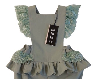 Baby girl ruffle romper, green cake smash outfit girl, cake smash romper, baby girl boho romper, first birthday outfit, lace romper girl