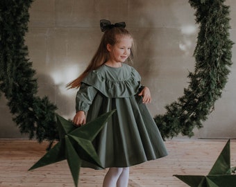 Ruffle dress toddler, xmas girl outfit, Holiday green dress, Christmas dress girl size 6, Holiday dress girl, green dress for toddler girl