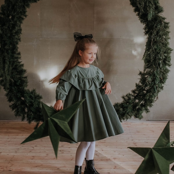 Robe à volants pour tout-petits, tenue de fille de Noël, robe verte des Fêtes, robe de Noël fille taille 6, robe de vacances fille, robe verte pour toute-petite fille