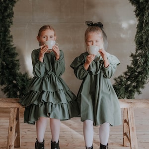 Fille de robe de vacances, fille verte d’enfant en bas âge de robe, taille de fille de robe de vacances 8, fille de robe de Noël, vêtements de vacances, tenue de Noël pour des filles