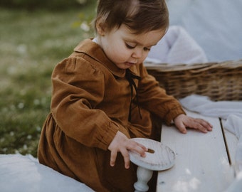 Brown baby girl dress, kids dress long sleeves, brown baby dress, linen baby girl dress, 1st birthday outfit, cake smash dress, boho dress