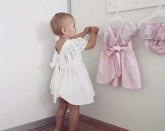 Baby girl dress &quot;LACE&quot;, cake smash outfit girl, white bohemian boho dress, flower girl, wedding dress, christening outfit, baptism dress