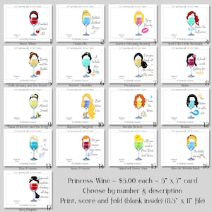Princesas do Vinho ~ 17 Cartões Digitais 5" x 7" Branca de Neve, Cinderela, Aurora, Ariel, Bela, Jasmine, Pocahontas, Mulan, Tiana, Rapunzel, Mérida