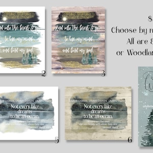 7 stampe digitali multimediali miste ad acquerello, le dimensioni variano ~ Nella foresta vado ... per perdere la testa e trovare la mia anima, Montagne, Lago, Woodland Tales