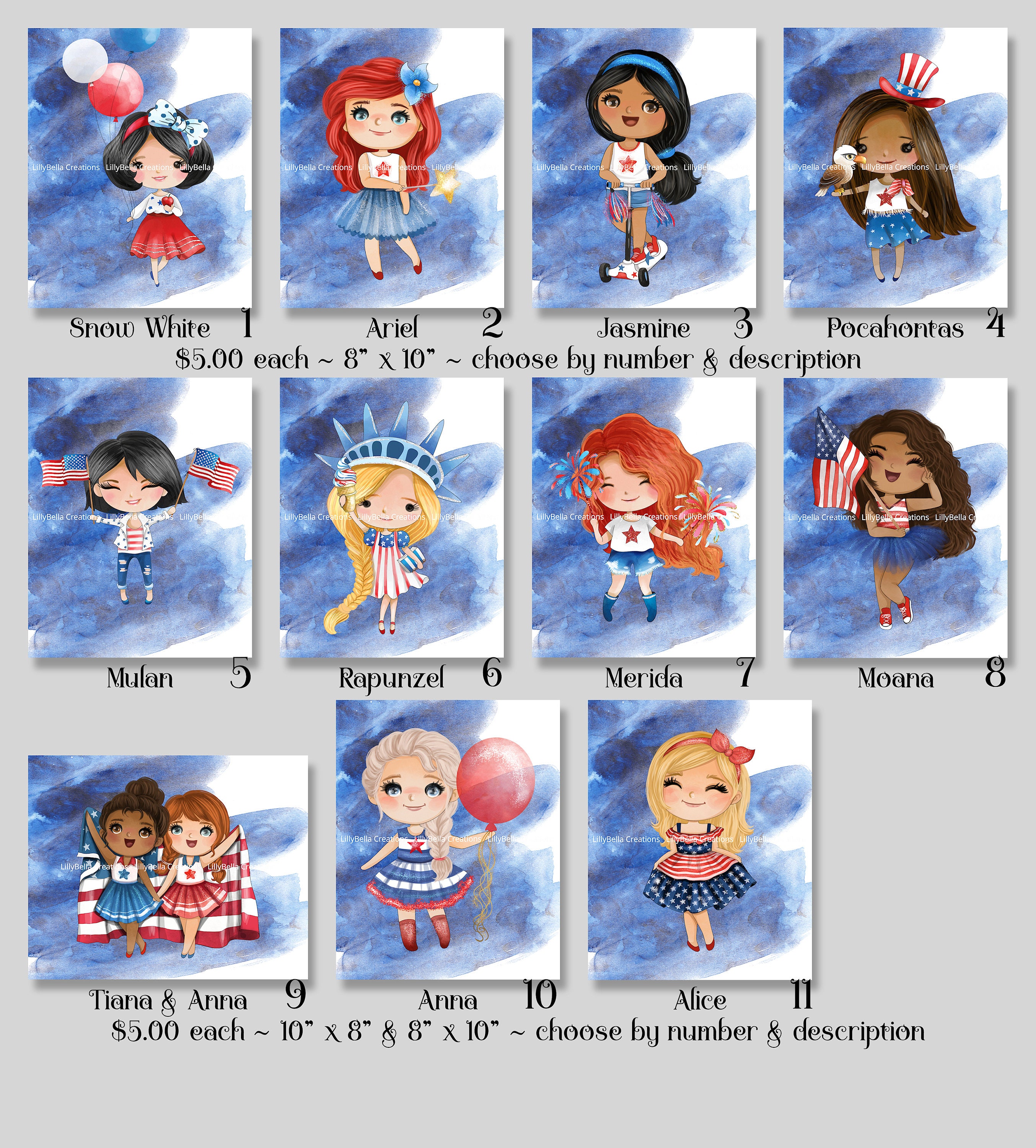 11 Juli 4 Princess Aquarell DIGITALDRUCKE ~ Schneewittchen, Ariel, Jasmine, Tiana, Rapunzel, Merida, Mulan, Moana, Pocahontas, Elsa, Anna