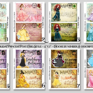 16 Princesse Cartes postales de vacances 5 x 7 IMPRESSIONS NUMÉRIQUES ~ Ariel, Belle, Mérida, Cendrillon, Raiponce, Blanche-Neige &Aurora, Valentine, Halloween