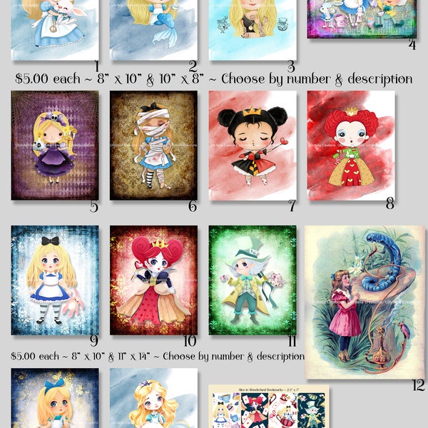 15 Alice in Wonderland Mixed Media ~ DIGITAL PRINTS & Bookmarks ~ Mad Hatter, Red Queen, Halloween, Christmas, Mermaid, Mummy