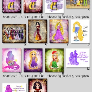 14 Tangled ~ Aquarel, Mixed Media Digital Art Prints ~ Rapunzel, Princess, Mother Gothel, Villain, Urban, Flynn, Silhouette, Quote, Love