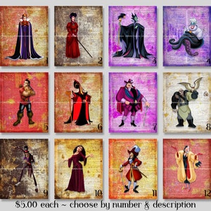 12 Mixed Media Wörterbuch Kunst Digitaldrucke: 8&quot; x 10&quot; ~ Evil Queen, Maleficent, Ursula, Gaston, Jafar, Cruella, Hook, Facilier, Gothel,