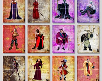 12 Mixed Media Wörterbuch Kunst Digitaldrucke: 8&quot; x 10&quot; ~ Evil Queen, Maleficent, Ursula, Gaston, Jafar, Cruella, Hook, Facilier, Gothel,
