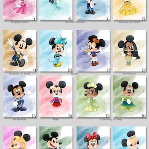 25 Princess Minnie Mouse Watercolor Digital Art Prints 8&quot; x 10&quot; Snow White, Aurora, Ariel, Belle, Jasmine, Mulan, Tiana, Rapunzel, Elsa