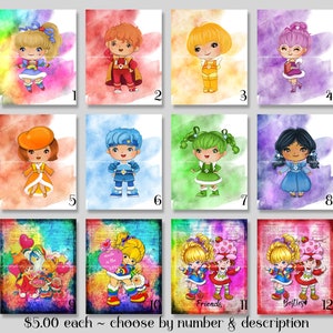 12 Rainbow Brite Watercolor 8" x 10" DIGITAL PRINTS Rhett Butler, Canary Yellow, Shy Violet, Lala Orange, Buddy Blue, Patty O'Green, Indigo+