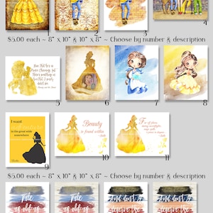 15 Belle ~ Aquarela, impressões de arte digital de mídia mista ~ Princesa, A Bela e a Fera, Urbano, Bairro, Citações, Silhueta, Gaston