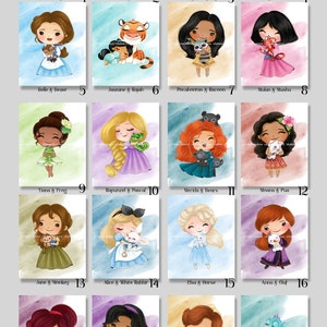 20 Princess Watercolor Art Digital Prints 8&quot; x 10&quot; Snow White, Cinderella, Aurora, Ariel, Belle, Jasmine, Pocahontas, Mulan, Tiana, Elsa ++