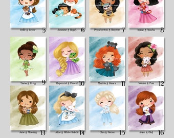 20 Prinzessin Aquarell Kunst Digitaldrucke 20 x 10 Zoll Schneewittchen, Aschenputtel, Aurora, Ariel, Belle, Jasmin, Pocahontas, Mulan, Tiana, Elsa ++