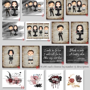 Addams Family ~ 16 Mixed Media Digital Art Prints ~ sizes vary ~ Morticia, Gomez, Wednesday, Pugsly, Halloween, Black, Dictionary, Quotes