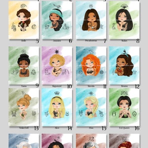 20 Princess & Villain Tattoos Watercolor Digital Art Prints 8&quot; x 10&quot; Snow White, Aurora, Ariel, Belle, Jasmine, Mulan, Tiana, Rapunzel, Elsa