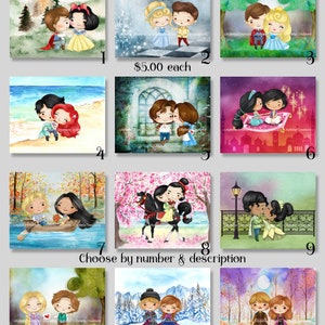12 Disney Couple Watercolor DIGITAL PRINTS ~ Snow White, Cinderella, Sleeping Beauty, Little Mermaid, Beauty Beast, Aladdin, Mulan, Frozen