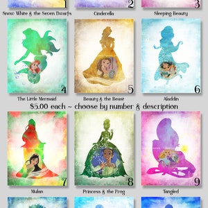 12 Princess Silhouette Digital Art Prints: 8" x 10" ~ Snow White, Cinderella, Aurora, Ariel, Belle, Jasmine, Merida, Rapunzel, Tiana, Frozen