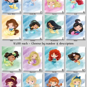 16 Princess Mermaids Watercolor Digital Art Prints 8&quot; x 10&quot; Snow White, Aurora, Ariel, Belle, Jasmine, Mulan, Tiana, Rapunzel, Elsa, Anna+