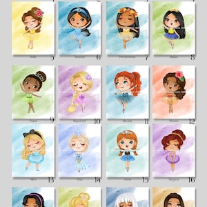 20 Princess Ballet Watercolor Art Digital Prints 8&quot; x 10&quot; Snow White, Cinderella, Aurora, Ariel, Belle, Jasmine, Pocahontas, Mulan, Tiana +