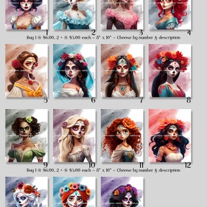 15 Princess Day of the Dead ~ Mixed Media Art Prints: 8&quot; x 10&quot; Snow White, Cinderella, Aurora, Ariel, Belle, Jasmine, Mulan, Elsa, Esmeralda