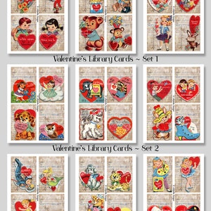 36 Tarjetas de biblioteca de San Valentín de medios mixtos de acuarela - 3.5 "x 5" ~ 12 un conjunto ~ Retro, Vintage, Infancia, Día de San Valentín, Amor